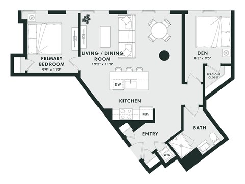 A black and white floor plan of a house with a living room, dining room, kitchen, bathroom, and two bedrooms.